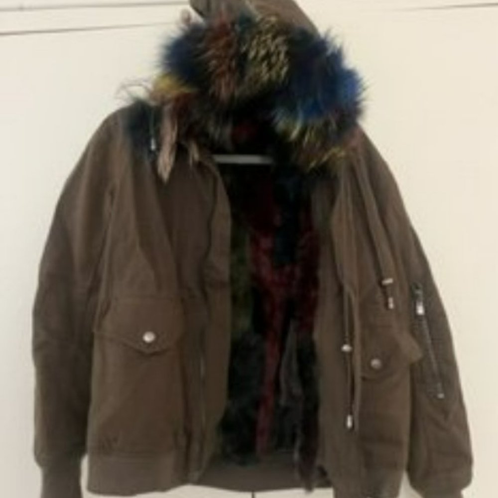 Belle Fare Bomber-Two Piece Nylon Bomber Jacket with Fox Trim Hood Size Medium